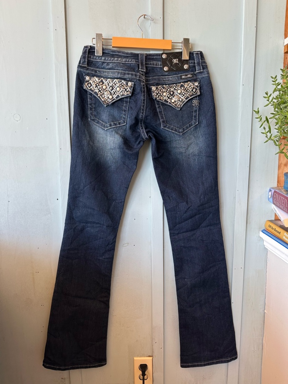 Miss Me Y2K Signature Dark Blue Boot Cut Low Rise Jeans with Embellished Pockets